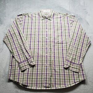 Alan Flusser Button Down Long Sleeve Plaid Shirt Brown Green Purple Mn Sz L